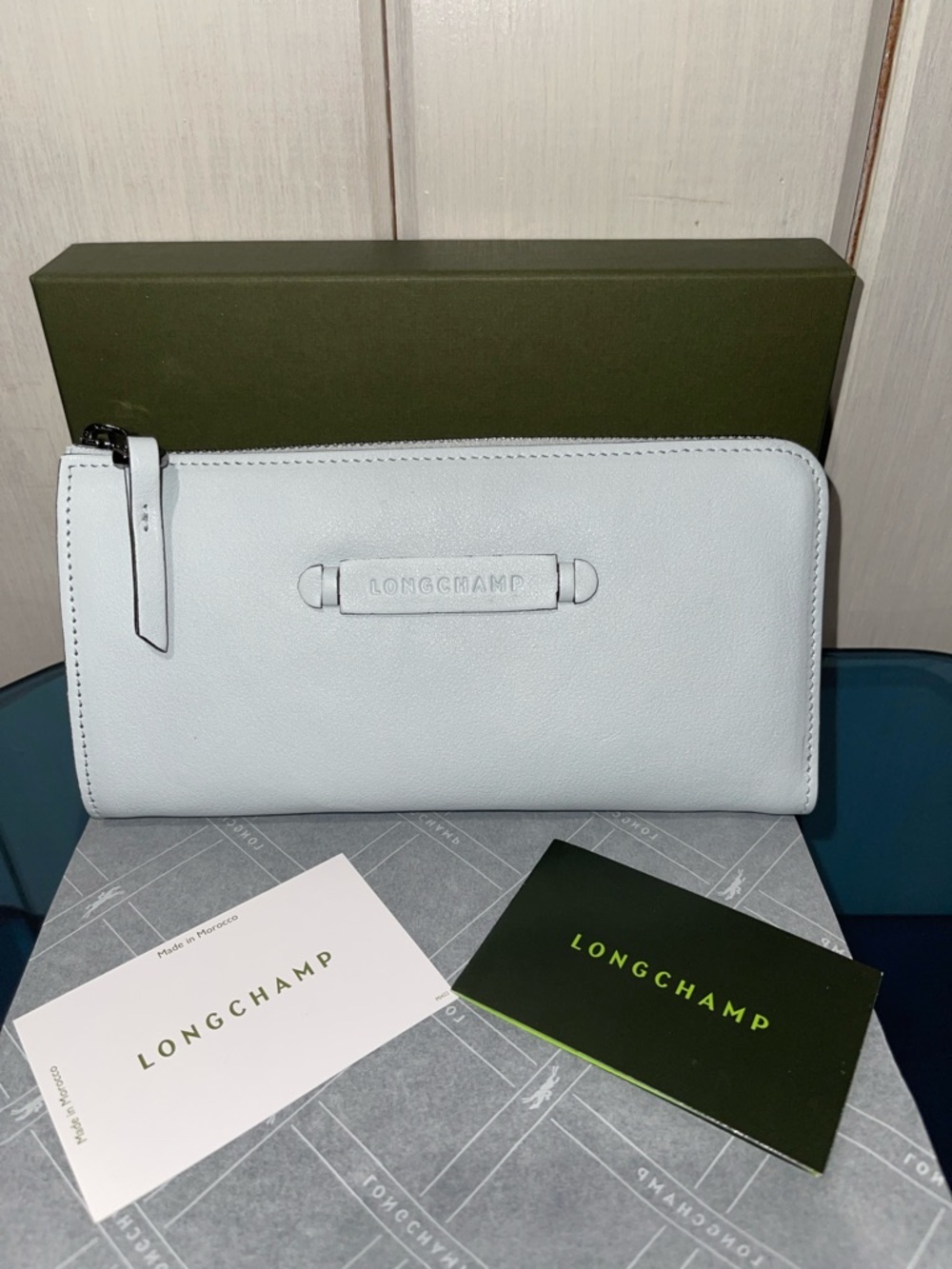 Longchamp Pale Blue Leather L Zip Wallet NWT with box